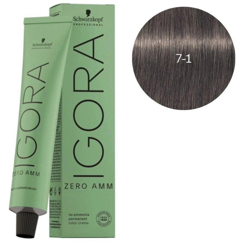 Schwarzkopf Professional Igora Zéro Amm 7-1 Blond Moyen Cendré Schwarzkopf 60ML 1 Schwarzkopf Professional Igora Zéro Amm 7-1 Blond Moyen Cendré Schwarzkopf 60ML